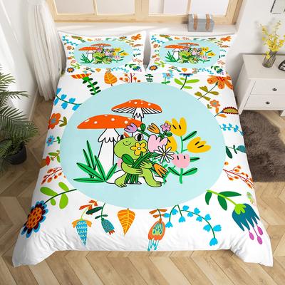 Grodor och Blommor Queen Sängklädesset Grön Söt Djur Svamptryck Påslakan Vattenfärg Hippie Blommigt Polyester Quiltöverkast