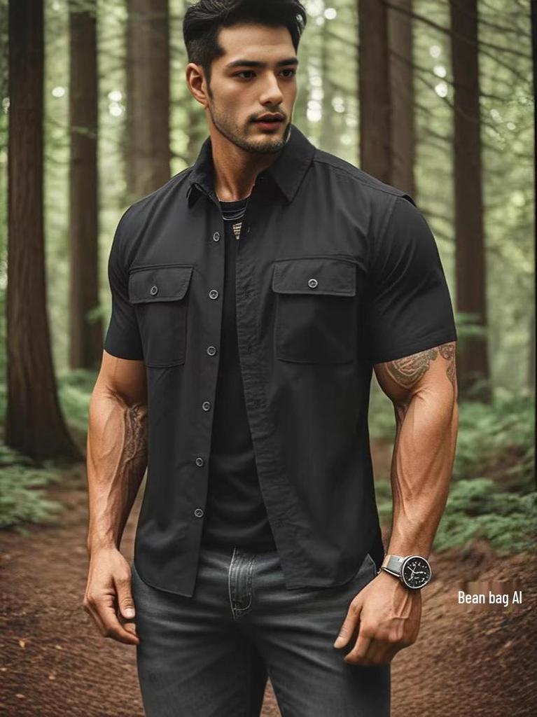 Men's Short-Sleeve Outdoor Multi-Pocket Breathable Shirt