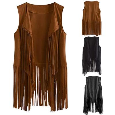 Gilet à Franges Femme Cuir Daim Gilet à Franges Vintage Hiver Western Country Cowgirl Gilet Gilet Veste