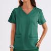 Women's Uniform Color V-Neck Pocket Side Slit Uniform Short Sleeved Top Top