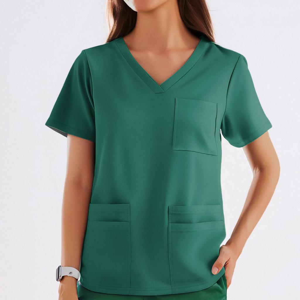 Women's Uniform Color V-Neck Pocket Side Slit Uniform Short Sleeved Top Top