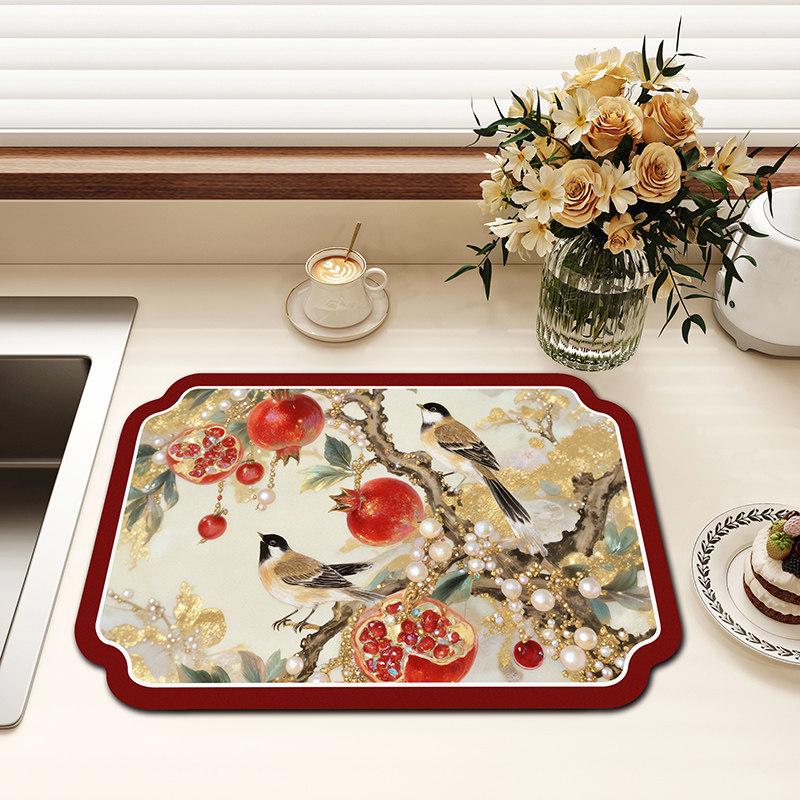 Chinese-Style Irregular Flower & Bird Diatom Mud Coffee Mat: Stain-Resistant, Easy-Clean, Non-Slip Kitchen Draining Mat