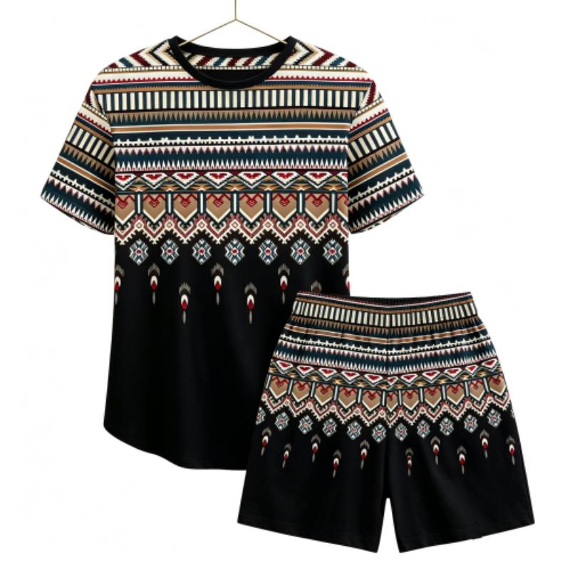 Summer Fashion Ethnic Style Geometric 3D Printed Round Neck Short Sleeved Kids T-Shirt And Shorts Set Boy's and Girl's T-shirt Shorts Set