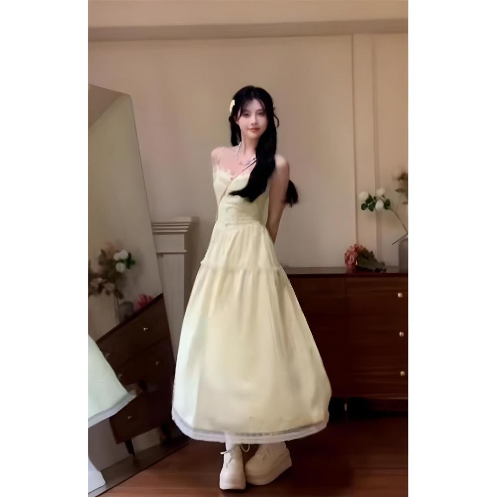 Gentle and Sweet Wind Yellow Floral Suspender Dress Unique and Beautiful Temperament Waist a Word Long Dress Summer