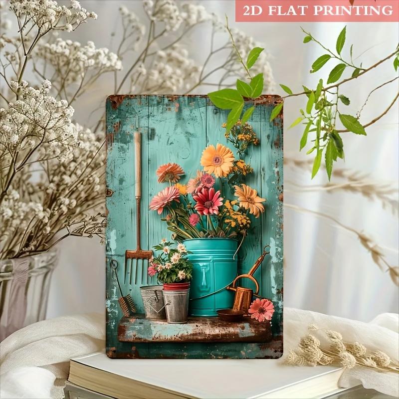 2D Flat, 2D Flat Flower Pots Vintage Metal Tin Sign, Gym Cafe Garage Tin Painting, Restaurant Home Bedroom Forest Garden Wall In