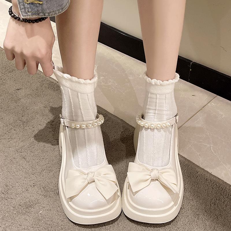 

Французская мода Мэри Джейн маленькие кожаные туфли женские весна новые на толстой подошве увеличивающий бант с юбкой толстый каблук одинарные туфли на высоком каблуке 40