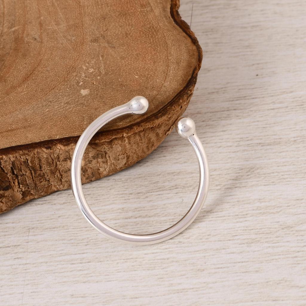 Minimalist 925 Sterling Silver Open Cuff Ring – Adjustable Ball End Silver Band – Dainty Everyday Stackable Ring – Gift for Her