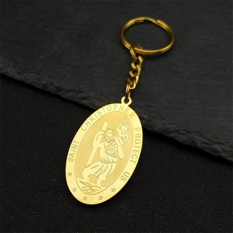 Saint Christopher Protect Us Key Ring for Women Men Stainless Steel Gold Color Religion Amulet Keyrings Jewelry