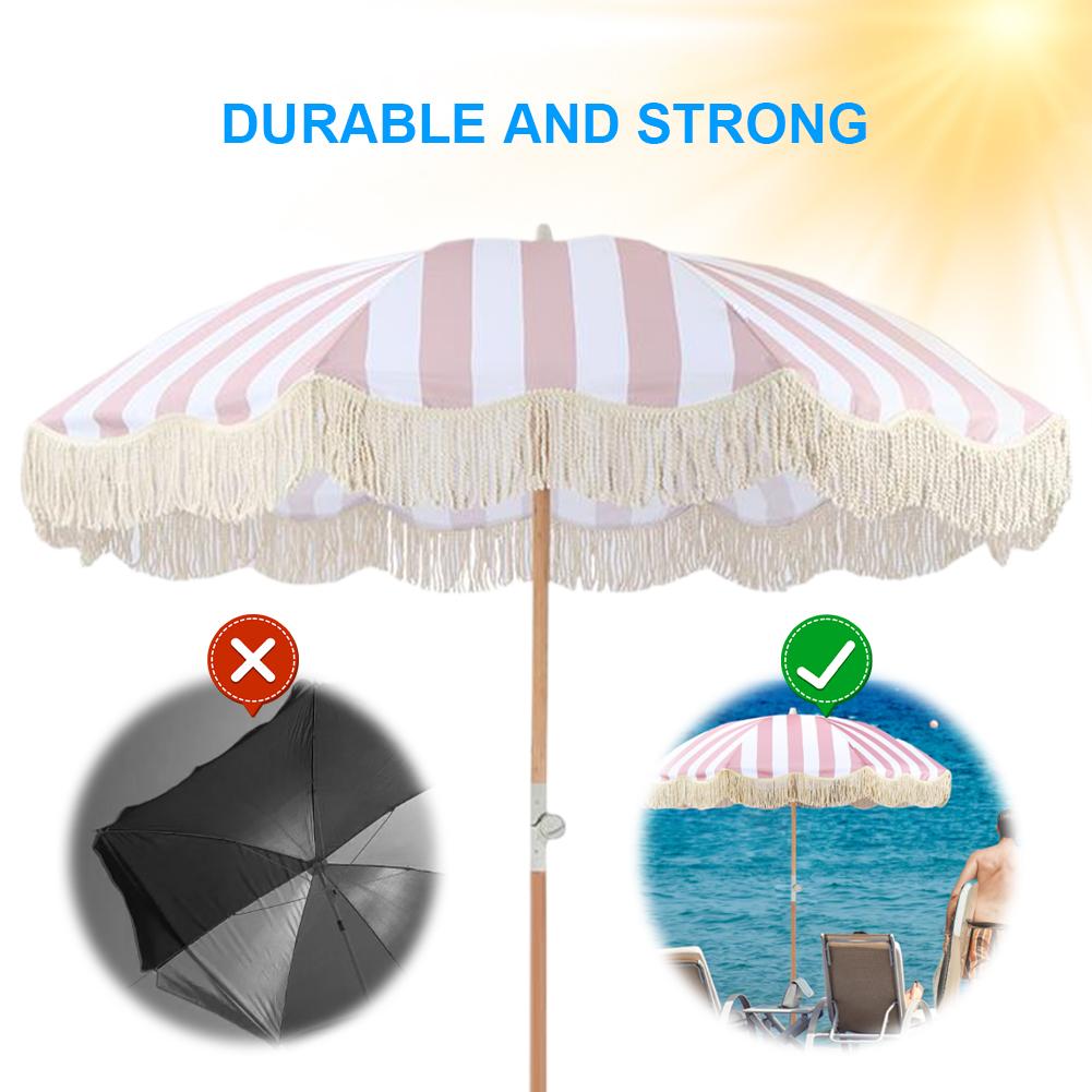 Striped Patio Umbrella with Fringe Outdoor Sunshade Umbrella with Tilt Pole for Balcony Terrace Swimming Pool Beach Garden