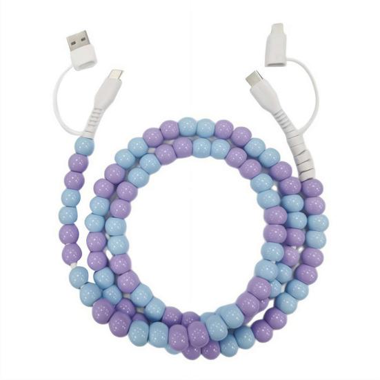 2-in-1 USB Cable Bead Design High-speed Data Transfer Cable with Type-C Connector Tangle-Free Charging Cord for Car And Travel