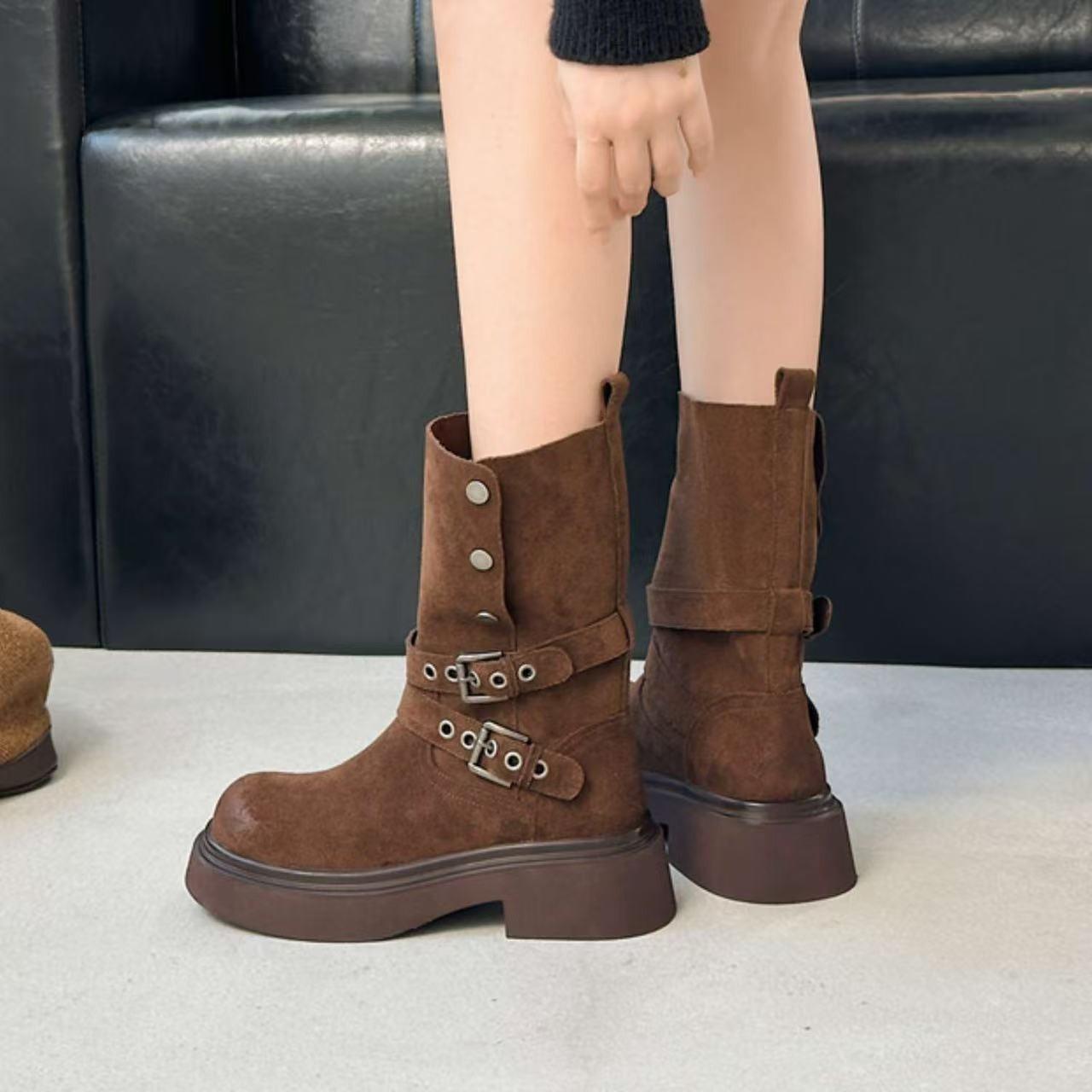 

Мода Мода Пряжка ремня Женщины Морден Дизайн ботинок Увеличение роста Обувь Осень Зима Женские ботильоны до середины икры 35