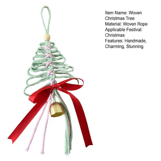 Hand-Woven Christmas Tree Ornaments Rustic Xmas Tree Shaped Handicrafts with Golden Cow Bell And Red Bow for Winter New Year Party Decorations