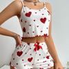 Heart Print Spaghetti Strap Shorts: European & American Style Women's Casual Ribbed Knit Pajamas