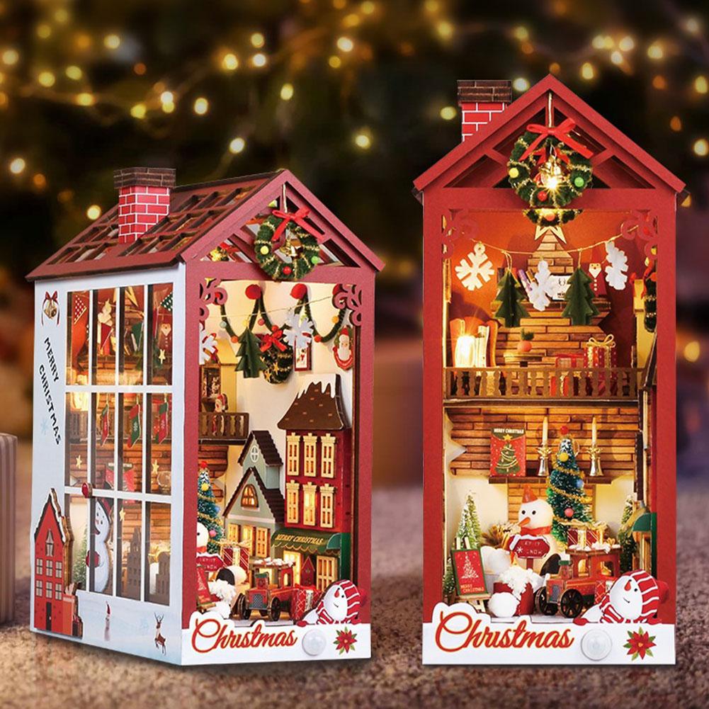 DIY Book Nook Kit Miniature Dollhouse Kit Xmas Eve Snowflakes Building with LED Light Diorama Model Birthday Gifts