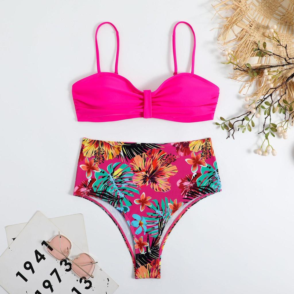 Kadın Halter Boyun Bölünmüş Bikini Retro Seksi Düz Renk Baskı Bikini Seti