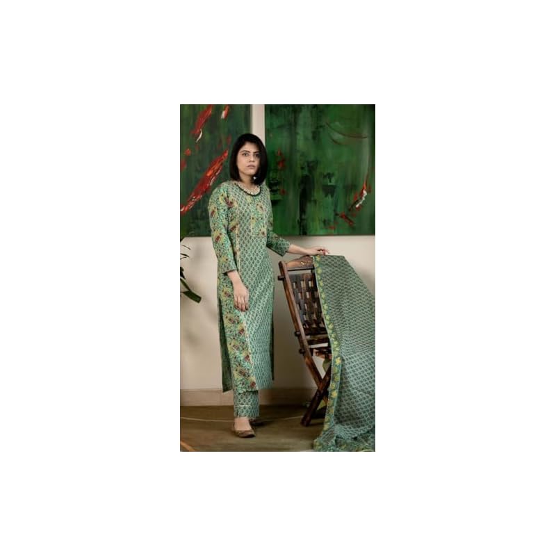 GoSriKi Women' Rayon Blend Straight Printed Kurta with Pant & Dupatta (SANGHVI GREENGS_S_Green_Small)