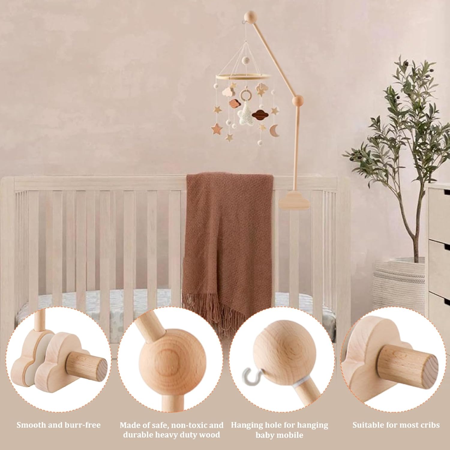 Cot Mobile Arm 27.17inch Wooden Cloud Design Detachable Baby Mobile Hanger Height Adjustable Cute Crib Mobile Arm for Bed Bell Wind Chimes Baby
