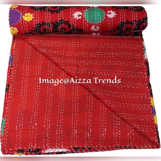 Aizza Trends Handmade Pure Cotton  Printed Kantha Quilt  - Traditional Look Bed Spread Kantha Gudri - Vintage Hand Stitch Gudri
