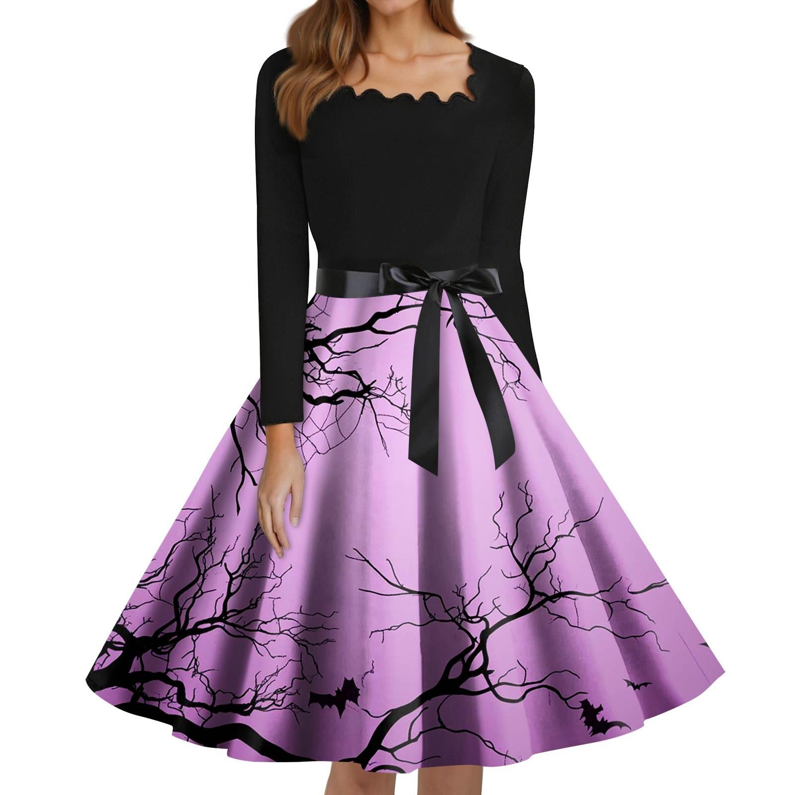 

Women s Fashion Square Neck Casual Slim Halloween Printed Long Sleeve Dresses XL фиолетовый