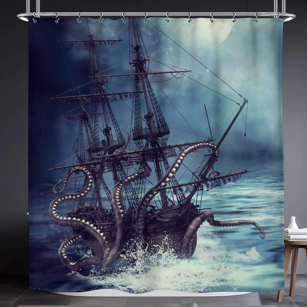 Pirate Ship Shower Curtain for Nautical Bathroom Fantasy Ocean Vintage Pirate Ship Bath Curtains Polyester Decor with 12 Hooks