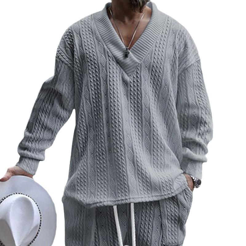 Autumn Cross-border Casual Jacquard Knitted Sweater Men's Autumn Loose Long-sleeved T-shirt Men's V-neck Pullover Jacquard Top