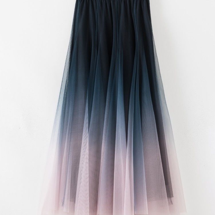 Women High Waist A-Line Mid-Length Gradient Mesh Tulle Skirt Fashion Spring Summer Half Skirt