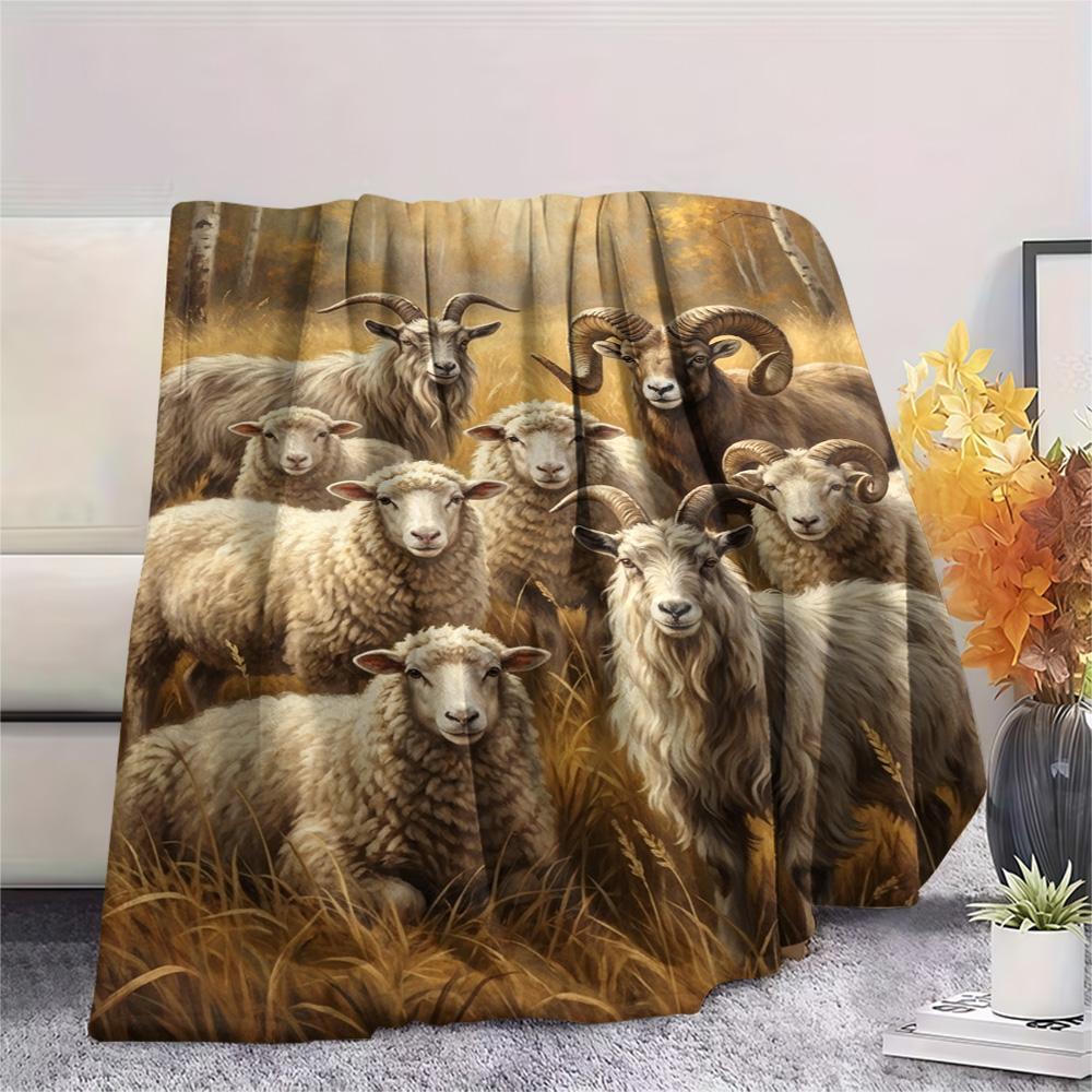 1PC Sheep Print FlAannel Blanket, High quality Comfortable for All Seasons, Home Decor, Warmth and Comfort