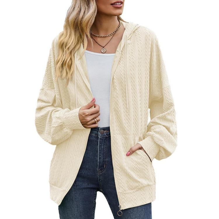 Women's Hooded Jacket Zip Up Coat Loose Long Sleeve Solid Color Pocket Autumn Winter