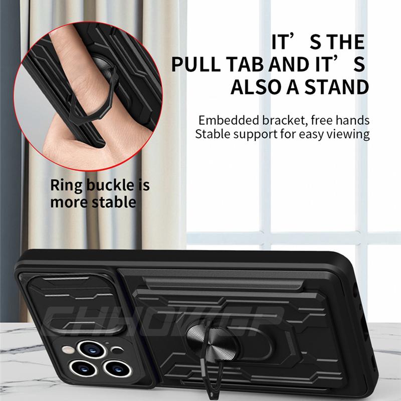 Luxury Shockproof Slide Camera Lens Phone Case For Motorola Moto G200 G100 5G Edge 20 Pro S30 Card Holder Ring Armor Back Cover Shell