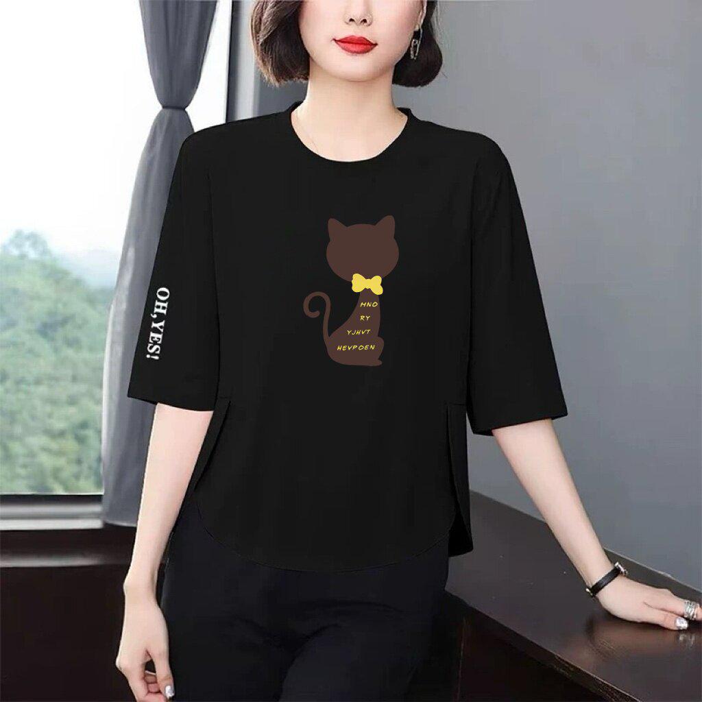 

Maternity Cat Print Seven-Sleeve Loose T-Shirt: Stylish, Youthful Top for Women, Slimming and Versatile, Ideal for Hiding Belly Large