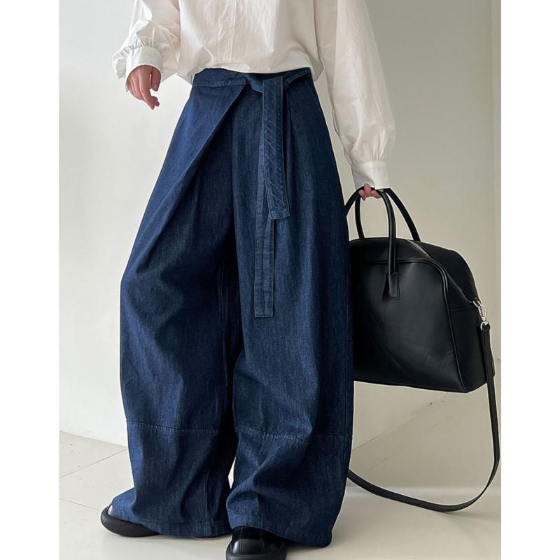 Johnature Vintage Strappy High-waisted Jeans Women Fall Commuter Casual Long Wide-leg Fashion Pants