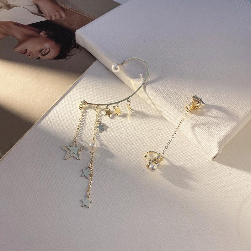 IF ME Korean Fashion Retro Asymmetrical Pearl Star Earrings Personality Exaggerated Tassel Ear Clip Jewelry Accessories