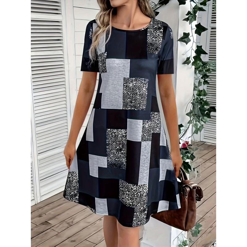 

Summer and Spring Best-selling Geometric Printed Color Blocked Dress, Comfortable and Casual Round Neck Short Sleeved Dress, Women s Clothing XL