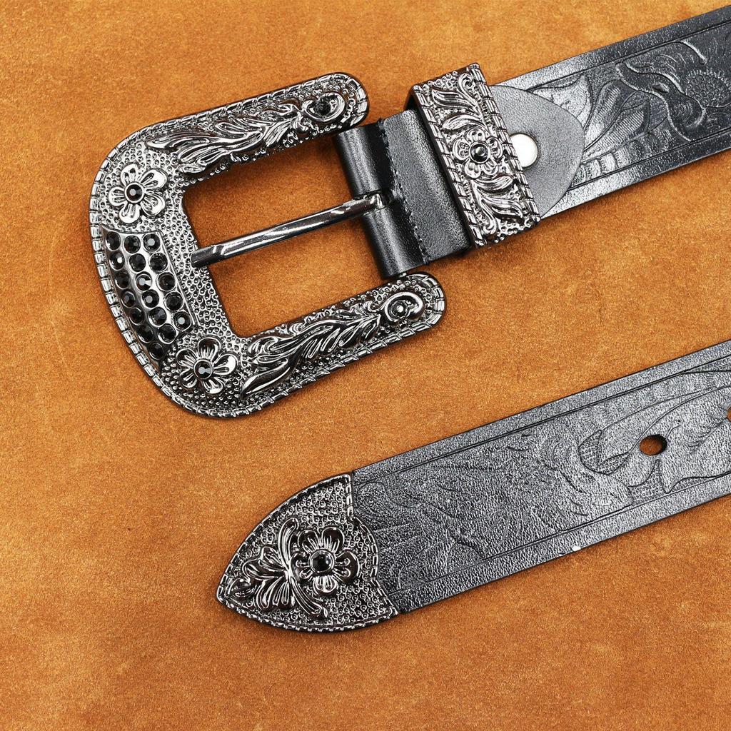 Men's Genuine Cowhide Leather Retro Western Embossed Pin Buckle Belt