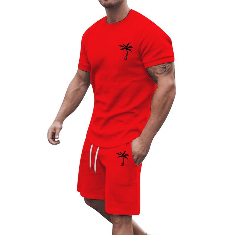 Mens Casual Palm Tree Print Short Sleeve T Shirt And Drawstring Shorts 2 Piece Set