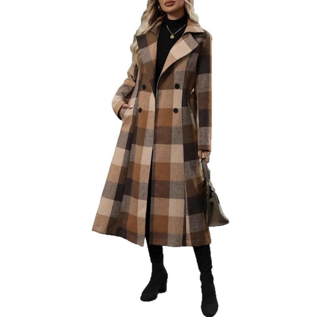 Autumn Winter Women's Plaid Long Trench Coat, British Style European American Outerwear With Belt