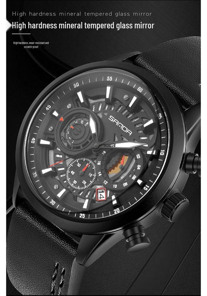 Sanda Cool Large Dial Six-Needle Waterproof Men's Watch with Genuine Leather Strap - Trendy and Fashionable Design.
