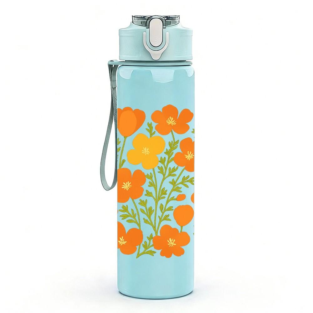 1PC Orange Wildflower Cluster 750ml Color Plastic Sports Water Bottle Leakproof Flip Straw Lid Suitable for Sports Office Home Use