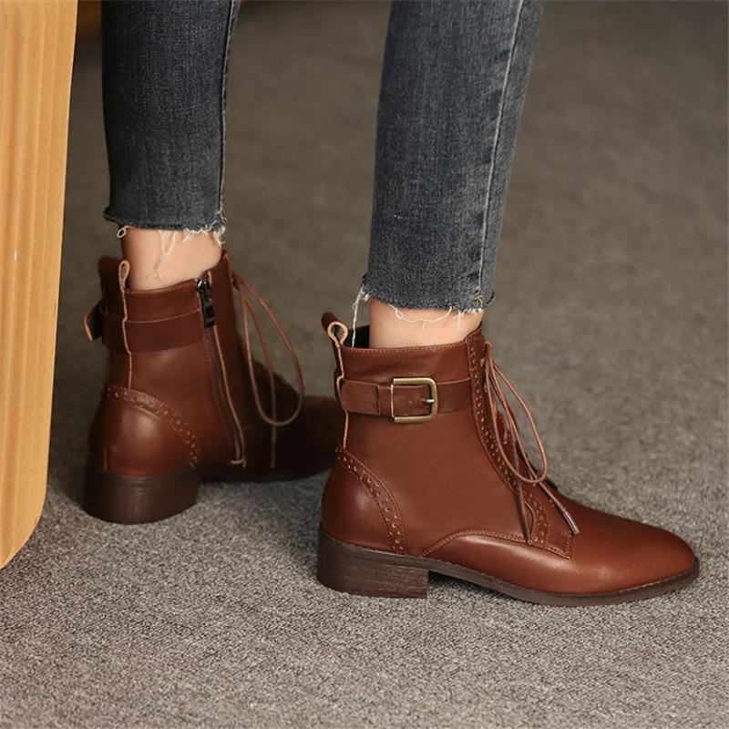 Fashion Women Winter Genuine Leather Ankle Boots Round Toe Women Boots with Zipper Lace Up Chunky Heel Wear-resistant Beef Tendon Bottom