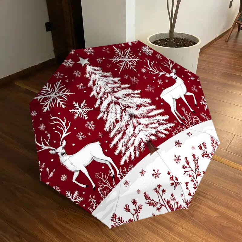 1pc Christmas Scene with Snowy Tree and Deer Umbrella with Plastic Handle,Suitable for All Seasons Home Travel Outdoor UmbrellaDD1298