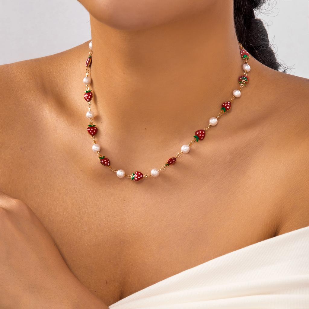 Collana con Ciondolo Cuore Ciliegia Rossa Romantico per Donna Colore Oro Dolce Fragola Frutta Catena Grossa Choker Gioielli per Festa Vacanza