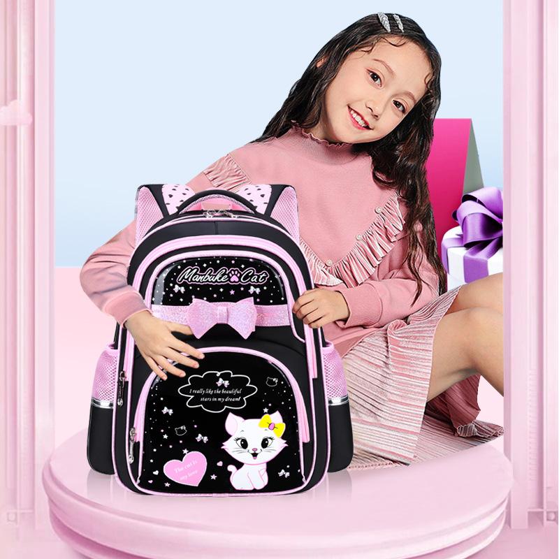 Grade 1-6 Children School Bags for Girls Cut Cat Printed 3 PCS Set Primary School Backpack Kids School Bookbag with Handbag Pencil Case