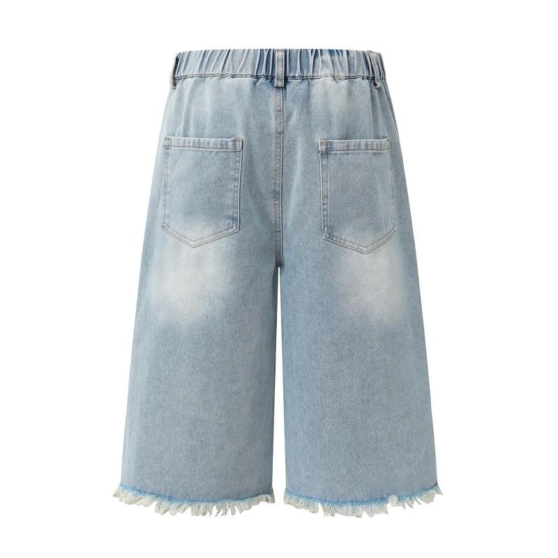 American Vintage Cute Dog Embroidered Raw Edge 7/1 Jeans Loose Fit Casual Shorts Men Women