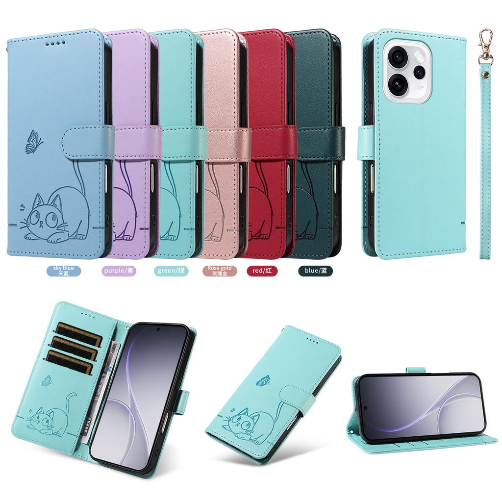 Magnetic Card Solt Wallet Leather Embossed Little Cat Phone Case For OPPO Reno 13 14 15 13F Find X8 Pro Flip Bag Pocket Cover