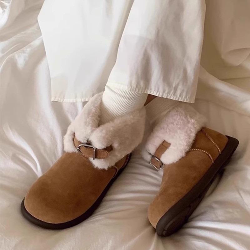 Fashion Women's Flat Snow Boots Winter New Round Head Suede Belt Buckle Soft Sole Anti-slip Wear-resistant Short Boots