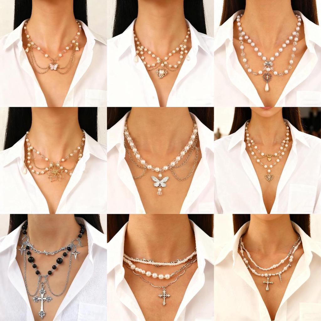 Vintage Style Pearl Bead Layered Necklace with OT Buckle