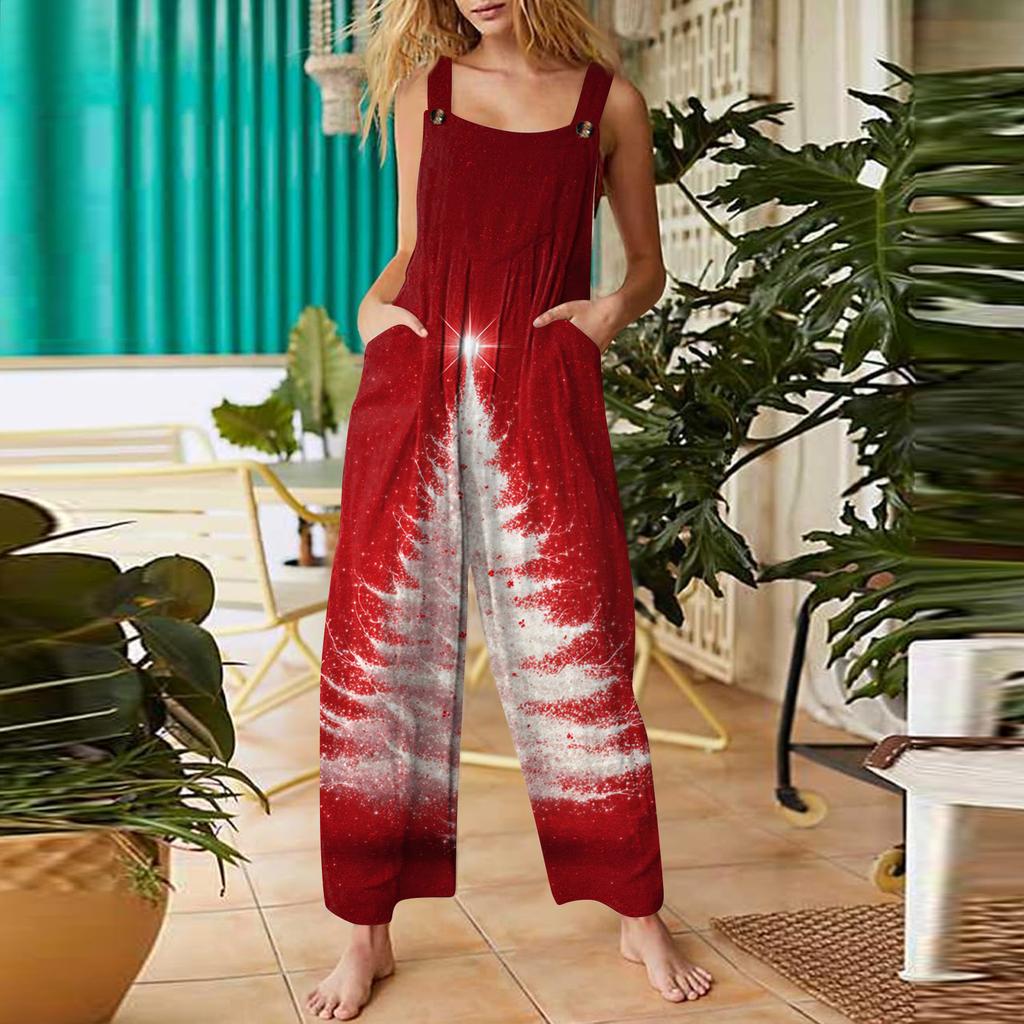 Women's Casual Jumpsuit Sleeveless Christmas Printed Cotton Jumpsuit