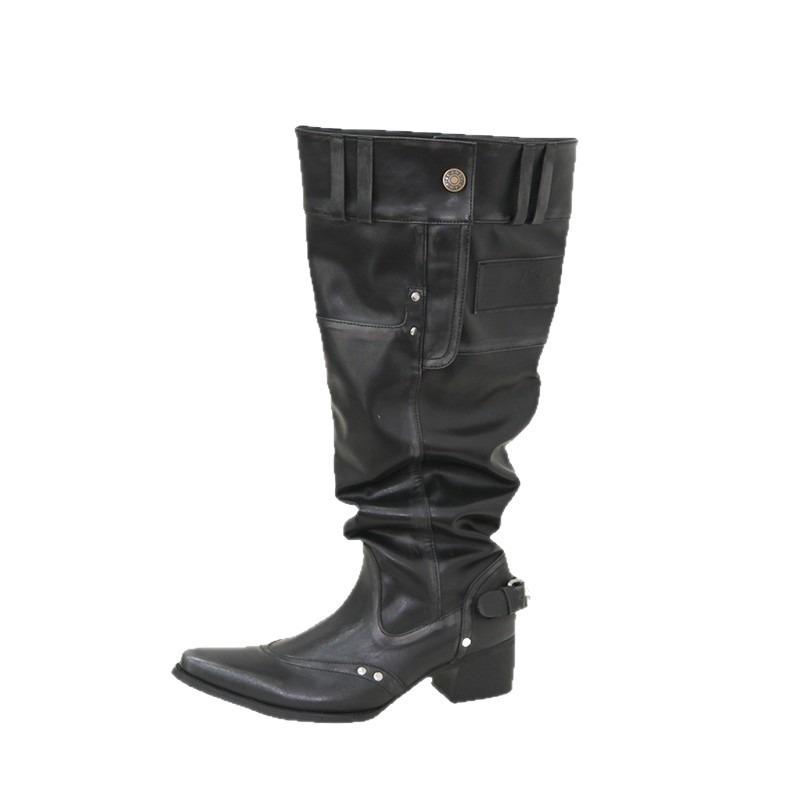 Big Tube Circumference Boots Women's Spring and Summer New Hot Girls But Knee Boots Pointed Thick Heel Black Pile Boots Women