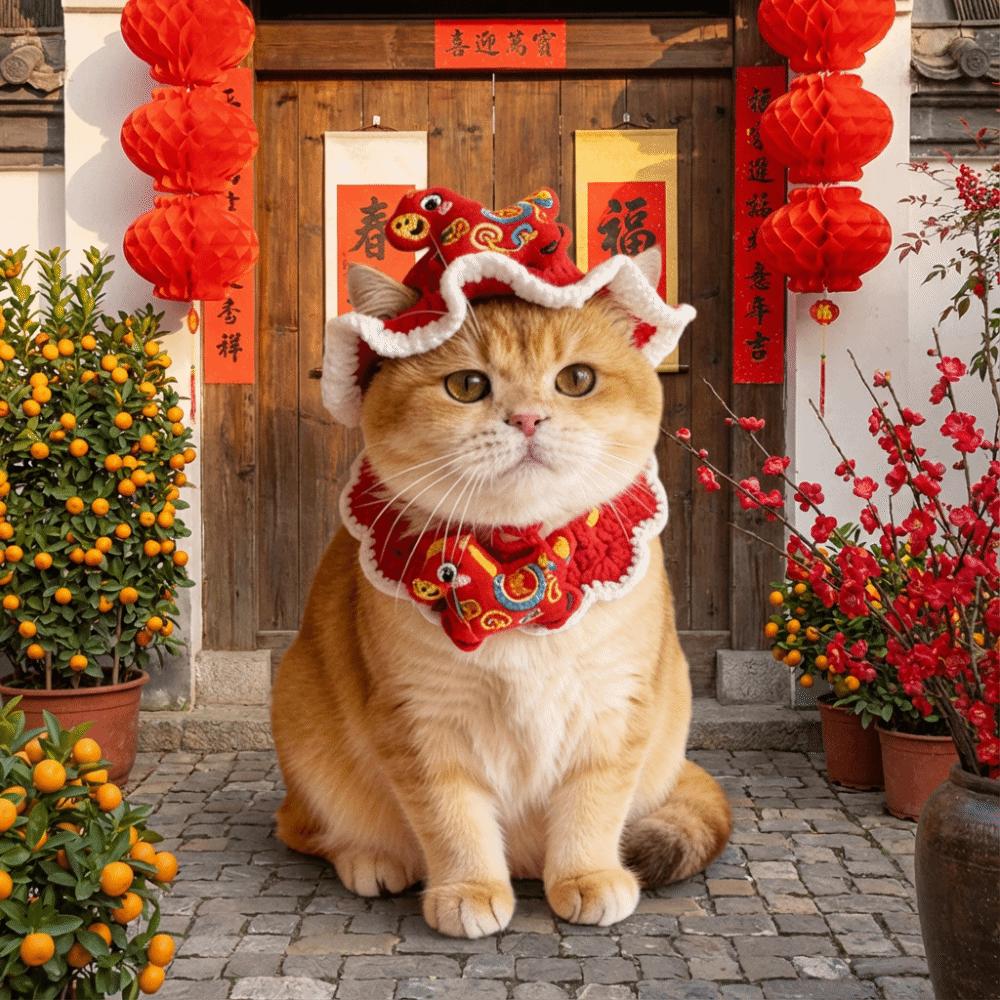 Red Chinese Style Pet Scarf Cartoon New Year Cat Headwear Winter Dog Cap Cat Collar  Pet Costume