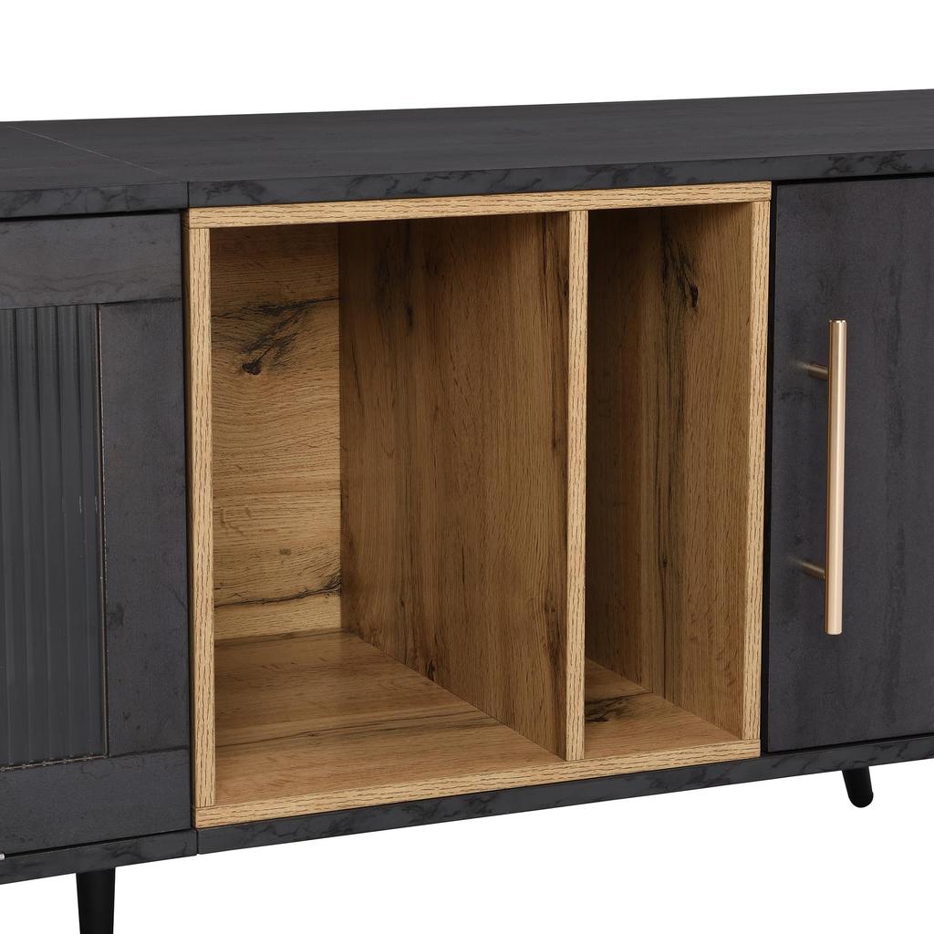 TV Schrank Lowboard 200cm, Modernes TV Board TV-ständer Riffelglastür, Offenes Staufach, Schlichtes Fernsehtisch HiFi-Schrank Holzfarbe & Grau